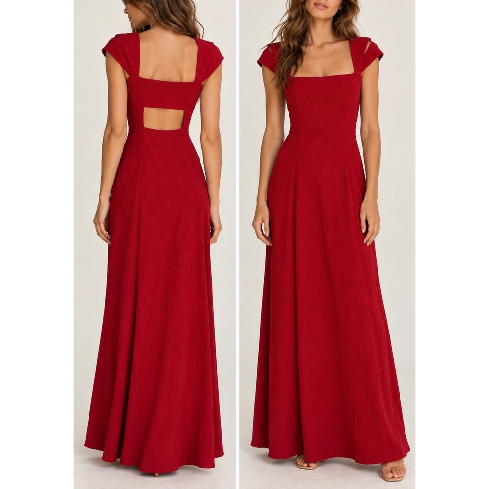 REFORMATION Square Neck Open Back Double Strap Cap Sleeve Maxi Dress in Red